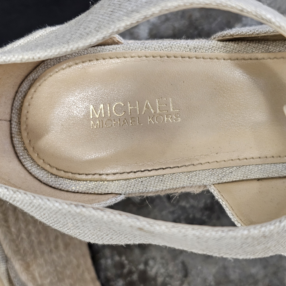 Michael Kors Berkley Beige Wedge Sandals w/ Gold Zipper - Picture 4 of 5